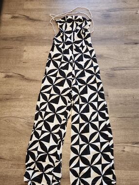 Black & White Geometric Strapless Jumpsuit - Open Back